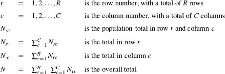 \[  \begin{array}{lcll} r &  = &  1, 2, \ldots , R &  \mbox{is the row number, with a total of \Mathtext{R} rows} \\[0.08in] c &  = &  1, 2, \ldots , C &  \mbox{is the column number, with a total of \Mathtext{C} columns} \\[0.08in] N_{rc} & & &  \mbox{is the population total in row \Mathtext{r} and column \Mathtext{c}} \\[0.08in] N_{r \cdot } &  = &  \sum _{c=1}^{C} {N_{rc}} &  \mbox{is the total in row \Mathtext{r}} \\[0.08in] N_{\cdot c} &  = &  \sum _{r=1}^{R} {N_{rc}} &  \mbox{is the total in column \Mathtext{c}} \\[0.08in] N &  = &  \sum _{r=1}^{R} ~  \sum _{c=1}^{C} {N_{rc}} &  \mbox{is the overall total} \end{array}  \]