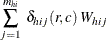 $\displaystyle  \sum _{j=1}^{m_{hi}} ~  {\delta _{hij} (r,c) ~  W_{hij}}  $