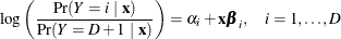 \[  \log \left(\frac{\Pr ({Y} = i~ |~ \mb {x})}{\Pr ({Y} = D+1~ |~ \mb {x})}\right)= \alpha _ i + \mb {x}\bbeta _ i , \quad i=1,\ldots ,D  \]