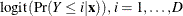 \[  \mbox{logit}(\Pr (Y\le i | \mb {x})), i=1,\ldots ,D  \]