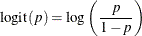 \[  \mbox{logit}(p) = \log \left(\frac{p}{1-p}\right)  \]