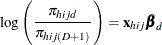 \[  \log \left(\frac{\pi _{hijd}}{\pi _{hij(D+1)}}\right) =\mb {x}_{hij}\bbeta _ d  \]