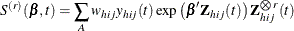 \[  S^{(r)}(\bbeta ,t) = \sum _{A} w_{hij}y_{hij}(t) \exp \left( \bbeta ’\bZ _{hij}(t) \right) \bZ _{hij}^{\bigotimes r}(t)  \]