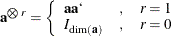 \[  \mb {a}^{\bigotimes r} = \left\{  \begin{array}{lrl} \mb {a} \mb {a}‘ & ,&  r = 1 \\ I_{\text {dim}(\mb {a})} &  , &  r = 0 \end{array} \right.  \]