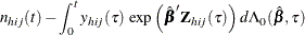 $\displaystyle  n_{hij}(t) - \int _0^ t y_{hij}(\tau ) \mbox{ exp} \left( \hat{\bbeta }’\bZ _{hij}(\tau ) \right) d\Lambda _0(\hat{\bbeta }, \tau )  $