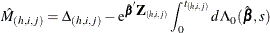 \[  \hat{M}_{(h,i,j)} = \Delta _{(h,i,j)} - \mr {e}^{\hat{\bbeta }\bZ _{(h,i,j)}} \int _0^{t_{(h,i,j)}}d\Lambda _0(\hat{\bbeta },s)  \]