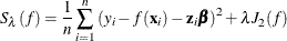 \[  S_\lambda (f)=\frac{1}{n} \sum ^ n_{i=1} \left(y_ i-f({\mb {x}}_ i)-{\mb {z}}_ i{\bbeta }\right)^2 + \lambda J_2(f)  \]