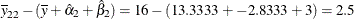 $\displaystyle  \overline{y}_{22} - (\overline{y} + \hat{\alpha }_{2} + \hat{\beta }_{2}) = 16 - (13.3333 + -2.8333 + 3) = 2.5  $