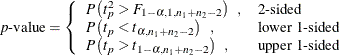 \[  \mbox{\Mathtext{p}-value} = \left\{  \begin{array}{ll} P \left( t_ p^2 > F_{1-\alpha , 1, n_1+n_2-2} \right) \; \;  , &  \mbox{2-sided} \\ P \left( t_ p < t_{\alpha , n_1+n_2-2} \right) \; \;  , &  \mbox{lower 1-sided} \\ P \left( t_ p > t_{1-\alpha , n_1+n_2-2} \right) \; \;  , &  \mbox{upper 1-sided} \\ \end{array} \right.  \]