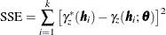 \[  \mr {SSE} = \sum _{i=1}^ k \left[\gamma ^\ast _ z(\bm {h}_ i) - \gamma _{z}(\bm {h}_ i;\bm {\theta }) \right]^2  \]