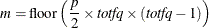 \[  m=\mbox{floor} \left( \frac{p}{2} \times \mi {totfq} \times (\mi {totfq}-1) \right)  \]