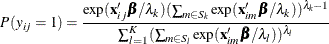 \[  P(y_{ij}=1) = \frac{\exp (\mb {x}_{ij}\bbeta /\lambda _ k)(\sum _{m\in S_ k} \exp (\mb {x}_{im}\bbeta /\lambda _ k))^{\lambda _ k-1}}{\sum _{l=1}^ K (\sum _{m\in S_ l} \exp (\mb {x}_{im}\bbeta /\lambda _ l))^{\lambda _ l}}  \]