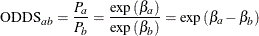 \[  \mbox{ODDS}_{ab} = \frac{P_ a}{P_ b} = \frac{\exp {(\beta _ a)}}{\exp {(\beta _ b)}} = \exp {(\beta _ a - \beta _ b)}  \]