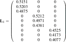 \[  \mb {L}_1 = \left( \begin{array}{ccc} 0.5151 &  0 &  0 \\ 0.5203 &  0 &  0 \\ 0.4875 &  0 &  0 \\ 0 &  0.5212 &  0 \\ 0 &  0.4971 &  0 \\ 0 &  0.4381 &  0 \\ 0 &  0 &  0.4525 \\ 0 &  0 &  0.4173 \\ 0 &  0 &  0.4077 \\ \end{array} \right)  \]