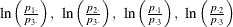 $ \ln \left( \frac{p_{1 \cdot }}{p_{3 \cdot }} \right), ~  \ln \left( \frac{p_{2 \cdot }}{p_{3 \cdot }} \right), ~  \ln \left( \frac{p_{\cdot 1}}{p_{\cdot 3}} \right), ~  \ln \left( \frac{p_{\cdot 2}}{p_{\cdot 3}} \right) $