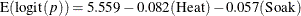 \[  \mr {E}(\mr {logit}({p})) = 5.559 - 0.082({\mbox{Heat}}) - 0.057({\mbox{Soak}})  \]