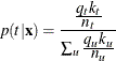 \[  p(t|\mb {x}) = \frac{\frac{\displaystyle q_ t k_ t}{\displaystyle n_ t}}{\sum _ u \frac{\displaystyle q_ u k_ u}{\displaystyle n_ u}}  \]