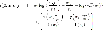 \begin{align*}  l(\mu _ i; a, b, y_ i, w_ i) & = w_ i\log \left\{ \frac{w_ iy_ i}{\mu _ i}\right\}  - \frac{w_ iy_ i}{\mu _ i} - \log \{ y_ i \Gamma (w_ i)\}  \\ &  - \log \left[ \frac{\gamma \left(w_ i, \frac{w_ i b}{\mu _ i} \right)}{\Gamma (w_ i)} - \frac{\gamma \left(w_ i, \frac{w_ i a}{\mu _ i} \right)}{\Gamma (w_ i)} \right] \end{align*}