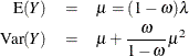 \begin{eqnarray*}  \mr {E}(Y) &  = &  \mu = (1-\omega )\lambda \\ \mr {Var}(Y)&  = &  \mu + \frac{\omega }{1-\omega }\mu ^2 \\ \end{eqnarray*}