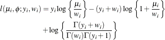 \begin{align*}  l(\mu _ i,\phi ;y_ i,w_ i) & = y_ i \log \left\{ \frac{\mu _ i}{w_ i}\right\}  - (y_ i + w_ i) \log \left\{ 1 + \frac{\mu _ i}{w_ i}\right\}  \\ & + \log \left\{  \frac{\Gamma (y_ i + w_ i)}{\Gamma (w_ i) \Gamma (y_ i + 1)} \right\}  \end{align*}