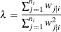 \[  \lambda = \frac{\sum _{j=1}^{n_ i} w_{j|i}}{\sum _{j=1}^{n_ i} w^2_{j|i}}  \]