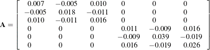 \[  \mb {A} = \left[ \begin{array}{llllll} \mbox{\phantom{--}} 0.007 &  -0.005 &  \mbox{\phantom{--}} 0.010 &  \mbox{\phantom{--}} 0 &  \mbox{\phantom{--}} 0 &  \mbox{\phantom{--}} 0 \\ -0.005 &  \mbox{\phantom{--}} 0.018 &  -0.011 &  \mbox{\phantom{--}} 0 &  \mbox{\phantom{--}} 0 &  \mbox{\phantom{--}} 0 \\ \mbox{\phantom{--}} 0.010 &  -0.011 &  \mbox{\phantom{--}} 0.016 &  \mbox{\phantom{--}} 0 &  \mbox{\phantom{--}} 0 &  \mbox{\phantom{--}} 0 \\ \mbox{\phantom{--}} 0 &  \mbox{\phantom{--}} 0 &  \mbox{\phantom{--}} 0 &  \mbox{\phantom{--}} 0.011 &  -0.009 &  \mbox{\phantom{--}} 0.016 \\ \mbox{\phantom{--}} 0 &  \mbox{\phantom{--}} 0 &  \mbox{\phantom{--}} 0 &  -0.009 &  \mbox{\phantom{--}} 0.039 &  -0.019 \\ \mbox{\phantom{--}} 0 &  \mbox{\phantom{--}} 0 &  \mbox{\phantom{--}} 0 &  \mbox{\phantom{--}} 0.016 &  -0.019 &  \mbox{\phantom{--}} 0.026 \\ \end{array}\right]\\  \]