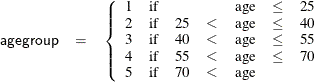 \begin{eqnarray*}  \mbox{\Variable{agegroup}} &  = &  \left\{  \begin{array}{clcccccc} 1 &  \textrm{if} & & &  \textrm{age} &  \leq &  25 \\ 2 &  \textrm{if} &  25 &  < &  \textrm{age} &  \leq &  40 \\ 3 &  \textrm{if} &  40 &  < &  \textrm{age} &  \leq &  55 \\ 4 &  \textrm{if} &  55 &  < &  \textrm{age} &  \leq &  70 \\ 5 &  \textrm{if} &  70 &  < &  \textrm{age} & & \end{array}\right. \end{eqnarray*}