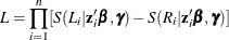 \[  L = \prod _{i=1}^{n} [S(L_ i|\mb {z}_ i’\bbeta , \bgamma ) - S(R_ i|\mb {z}_ i’\bbeta , \bgamma )]  \]