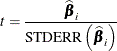 \[  t = \frac{\widehat{\bbeta }_ i}{\mr {STDERR}\left(\widehat{\bbeta }_ i\right)}  \]