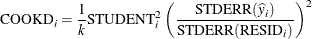 \[  \mr {COOKD}_ i = \frac{1}{k} \mr {STUDENT}_ i^2 \left( \frac{\mr {STDERR}(\widehat{y}_ i)}{\mr {STDERR}(\mr {RESID}_ i)} \right)^2  \]