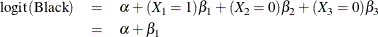 \begin{eqnarray*}  \mbox{logit}(\mbox{Black}) & =&  \alpha + (X_1=1) \beta _1 + (X_2=0) \beta _2 + (X_3=0) \beta _3 \\ & =&  \alpha + \beta _1 \end{eqnarray*}