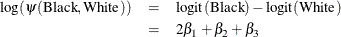 \begin{eqnarray*}  \log (\psi (\mbox{Black},\mbox{White})) & =&  \mbox{logit}(\mbox{Black}) - \mbox{logit}(\mbox{White}) \\ & =&  2 \beta _1 + \beta _2 + \beta _3 \end{eqnarray*}