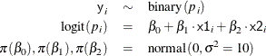 \begin{eqnarray*}  \mbox{\Variable{y}}_ i &  \sim &  \mbox{binary}(p_ i) \\ \mbox{logit}(p_ i) &  = &  \beta _0 + \beta _1\cdot \mbox{\Variable{x1}}_ i + \beta _2\cdot \mbox{\Variable{x2}}_ i \\ \pi (\beta _0), \pi (\beta _1), \pi (\beta _2) &  = &  \mbox{normal}(0,\sigma ^2=10) \nonumber \end{eqnarray*}