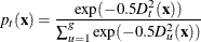 \[  p_{t}(\mb {x}) = \frac{ \mr {exp}(-0.5 D_{t}^{2}(\mb {x}) )}{ \sum _{u=1}^{g} \mr {exp}(-0.5 D_{u}^{2}(\mb {x}) )}  \]