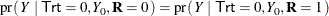 \[  \mr {pr}(\,  Y ~ |~  \Variable{Trt}=0, Y_0, \mb {R}=0 \, ) = \mr {pr}(\,  Y ~ |~  \Variable{Trt}=0, Y_0, \mb {R}=1 \, )  \]