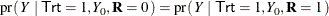 \[  \mr {pr}(\,  Y ~ |~  \Variable{Trt}=1, Y_0, \mb {R}=0 \, ) = \mr {pr}(\,  Y ~ |~  \Variable{Trt}=1, Y_0, \mb {R}=1 \, )  \]