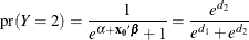 \[  \mr {pr}(Y=2) = \frac{ 1 }{ e^{ \alpha + \mb {x_0}  \bbeta } + 1 } = \frac{ e^{ d_2 } }{ e^{ d_1 } + e^{ d_2 } }  \]