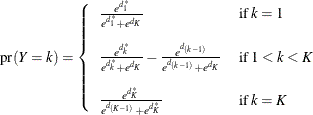 \[  \mr {pr}( Y = k) = \left\{  \begin{array}{ll} \frac{ e^{ d^{*}_1 } }{ e^{ d^{*}_1 } + e^{ d_ K } } &  \mr {if} \;  k=1 \vspace{0.125in} \\ \frac{ e^{ d^{*}_ k } }{ e^{ d^{*}_ k } + e^{ d_ K } } - \frac{ e^{ d_{(k-1)} } }{ e^{ d_{(k-1)} } + e^{ d_ K } } &  \mr {if} \;  1<k<K \vspace{0.125in} \\ \frac{ e^{ d^{*}_ K } }{ e^{ d_{(K-1)} } + e^{ d^{*}_ K } } &  \mr {if} \;  k=K \end{array} \right.  \]