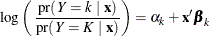 \[  \mbox{log} \left( \,  \frac{\mr {pr}(\,  Y = k ~ |~  \mb {x})}{\mr {pr}(\,  Y = K ~ |~  \mb {x})} \right) = \alpha _ k + \mb {x} ’ \bbeta _ k  \]