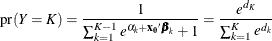 \[  \mr {pr}(Y=K) = \frac{ 1 }{ \sum _{k=1}^{K-1} {e^{ \alpha _ k + \mb {x_0}  \bbeta _ k }} + 1 } = \frac{ e^{ d_ K } }{ \sum _{k=1}^{K} e^{ d_ k } }  \]