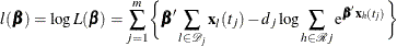 \[  l(\bbeta ) = \log L(\bbeta ) = \sum _{j=1}^ m \biggl \{  \bbeta ’ \sum _{l\in \mc {D}_ j}\mb {x}_ l(t_ j) - d_ j \log \sum _{h \in \mc {R}j} \mr {e}^{\bbeta \mb {x}_ h(t_ j)} \biggr \}   \]