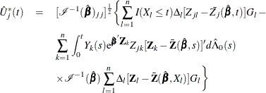 \begin{eqnarray*}  \hat{U}^*_ j(t) & =&  [\mc {I}^{-1}(\hat{\bbeta })_{jj}]^{\frac{1}{2}} \biggl \{  \sum _{l=1}^ n I(X_ l\le t)\Delta _ l [Z_{jl} - \bar{Z_ j}(\hat{\bbeta },t)]G_ l - \\ & &  \sum _{k=1}^ n \int _0^ t Y_ k(s)\mr {e}^{\hat{\bbeta }\bZ _ k} Z_{jk} [ \bZ _ k - \bar{\bZ }(\hat{\bbeta },s) ]’d\hat{\Lambda }_0(s) \\ & &  \times \mc {I}^{-1}(\hat{\bbeta }) \sum _{l=1}^ n \Delta _ l [\bZ _ l -\bar{\bZ }(\hat{\bbeta },X_ l)]G_ l \biggr \}  \end{eqnarray*}