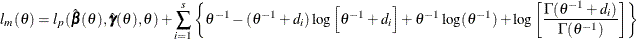 \[  l_ m(\theta ) = l_{p}(\hat{\bbeta }(\theta ), \hat{\bgamma }(\theta ),\theta ) + \sum _{i=1}^ s \left\{  \theta ^{-1} - ( \theta ^{-1} + d_ i)\log \left[ \theta ^{-1} + d_ i \right] + \theta ^{-1}\log (\theta ^{-1}) + \log \left[ \frac{\Gamma (\theta ^{-1}+d_ i)}{\Gamma (\theta ^{-1})}\right] \right\}   \]