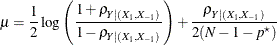 \[  \mu = \frac{1}{2} \log \left( \frac{1+\rho _{Y|(X_1,X_{-1})}}{1-\rho _{Y|(X_1,X_{-1})}} \right) + \frac{\rho _{Y|(X_1,X_{-1})}}{2(N - 1 - p^\star )}  \]