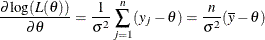 \[  \frac{ {\partial } \mr {log}( L(\theta )) }{ \partial {\theta } } = \frac{1}{\sigma ^{2}} \sum _{j=1}^{n} (y_ j - \theta ) = \frac{n}{\sigma ^{2}} ( {\overline{y}} - \theta )  \]