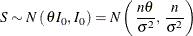 \[  S \sim N \left( \,  {\theta } I_{0}, \,  I_{0} \right) = N \left( \,  \frac{n \theta }{{\sigma }^{2}}, \,  \frac{n}{{\sigma }^{2}} \right)  \]