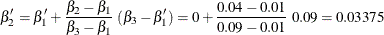 \[  {\beta }’_2 = {\beta }’_1 + \frac{\beta _2 - \beta _1}{\beta _3 - \beta _1} \;  (\beta _3 - {\beta }’_1) = 0 + \frac{0.04 - 0.01}{0.09 - 0.01} \;  0.09 = 0.03375  \]