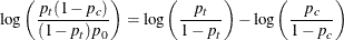 \[  \mr {log} \left( \frac{p_{t} (1-p_{c})}{(1-p_{t}) p_{0}} \right) = \mr {log} \left( \frac{p_{t}}{1-p_{t}} \right) - \mr {log} \left( \frac{p_{c}}{1-p_{c}} \right)  \]