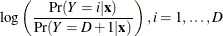 \[  \log \left(\frac{\Pr (Y=i | \mb {x})}{\Pr (Y=D+1 | \mb {x})}\right), i=1,\ldots ,D  \]