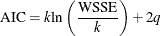 \[  \mr {AIC} = k \mr {ln}\left( \frac{ \mr {WSSE} }{ k } \right) + 2 q  \]